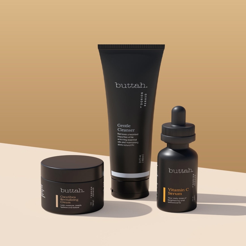 A skincare gift set in black bottles