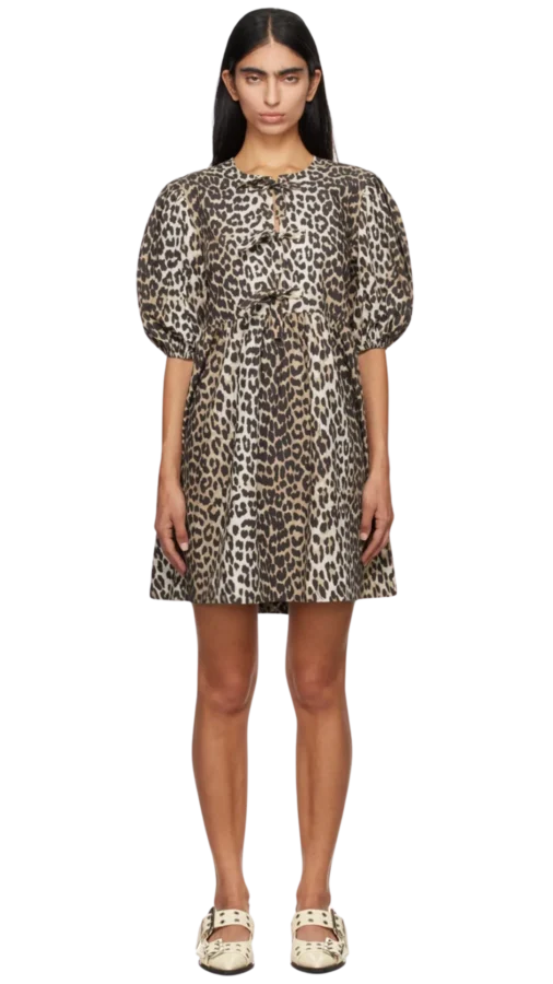 Ganni Cheetah Print Tie String Dress From $270 to $159 at SSENSE