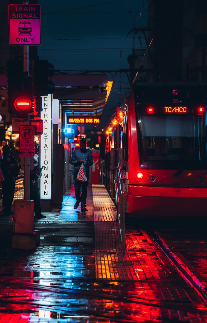 nighttime urban scene at houston train station